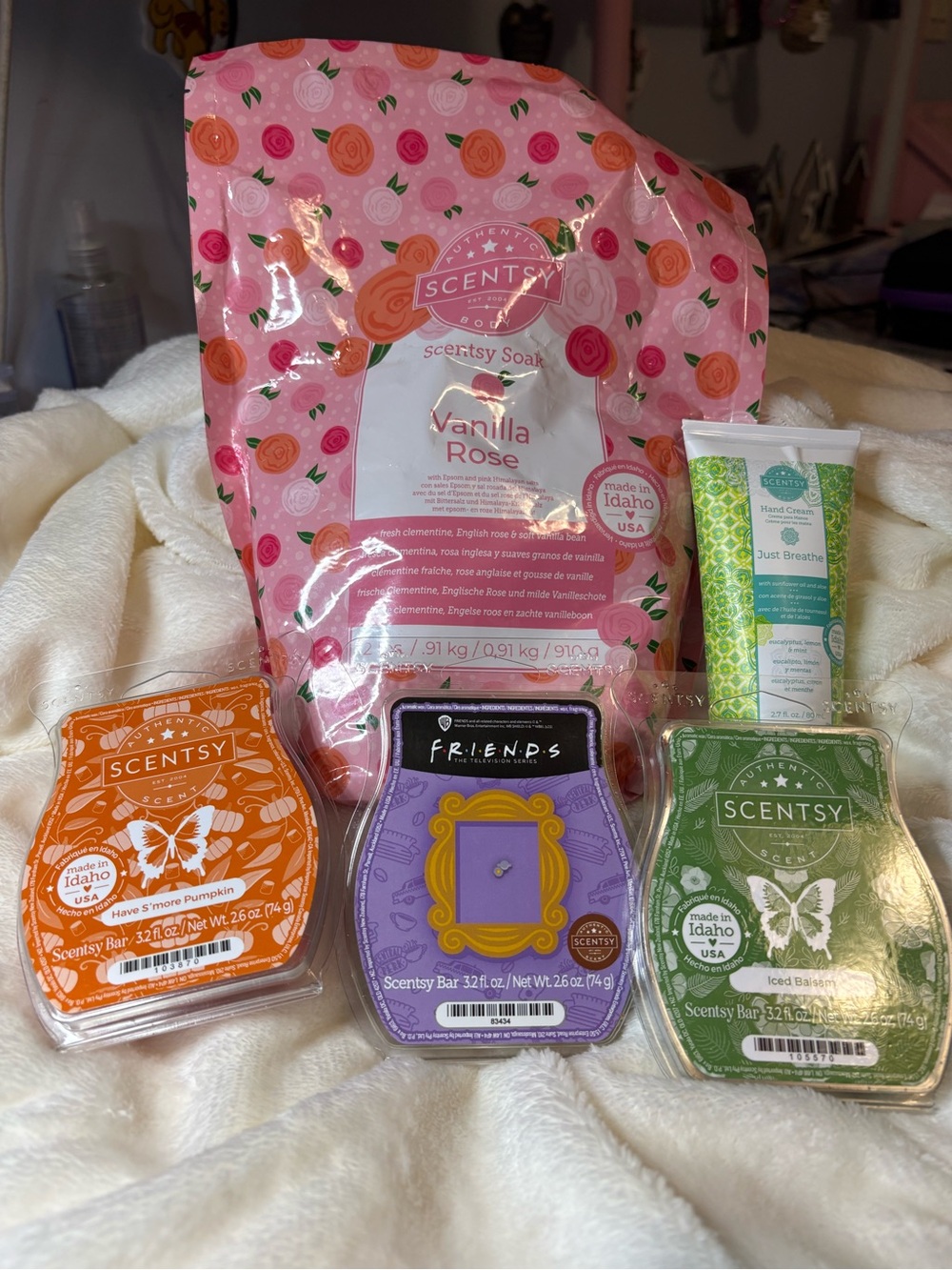 Scentsy Vanilla Rose Bath Soak, wax melts and lotion.